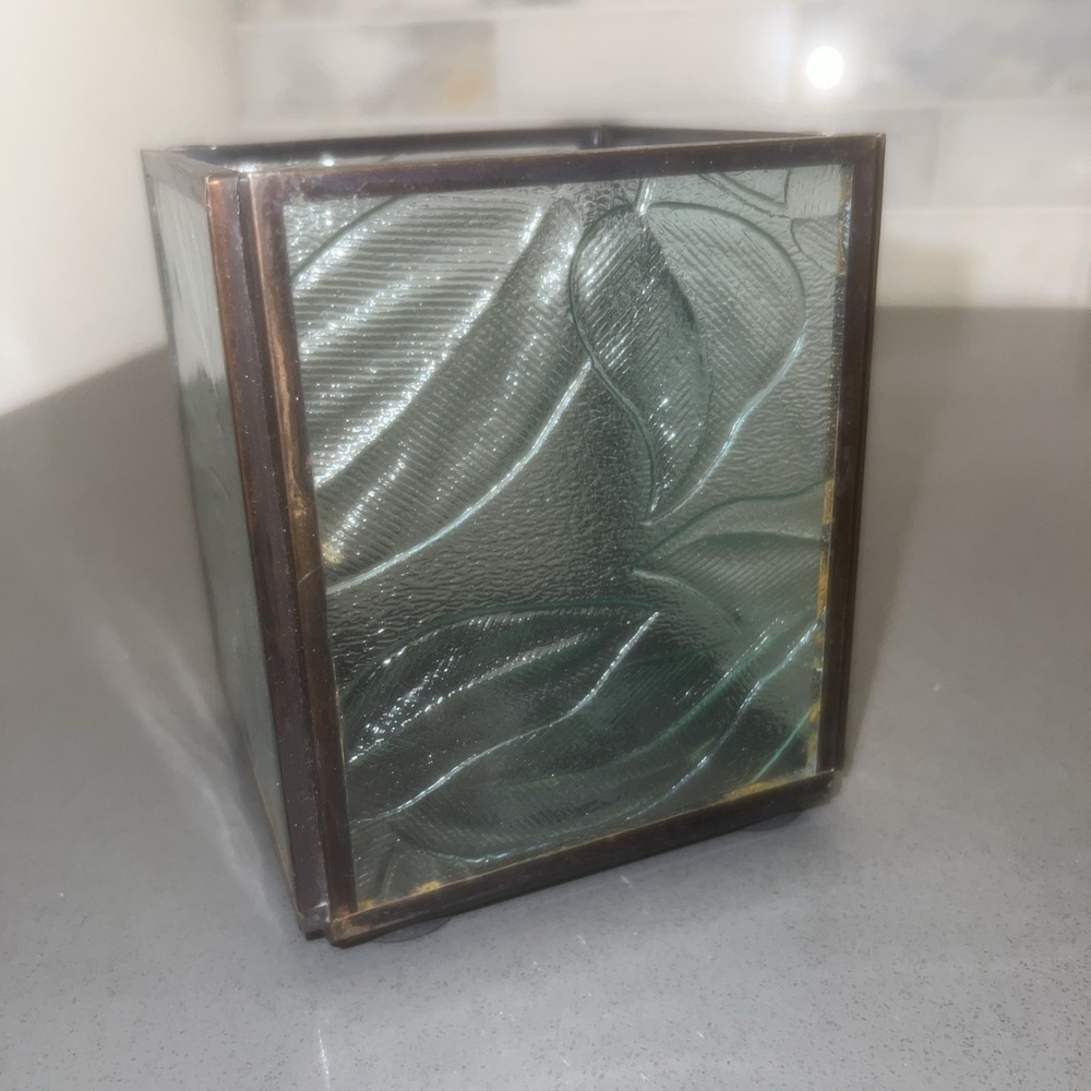 Arts & Crafts Style Green Textured Glass Pressed Leaf Votive Candle Holder EUC